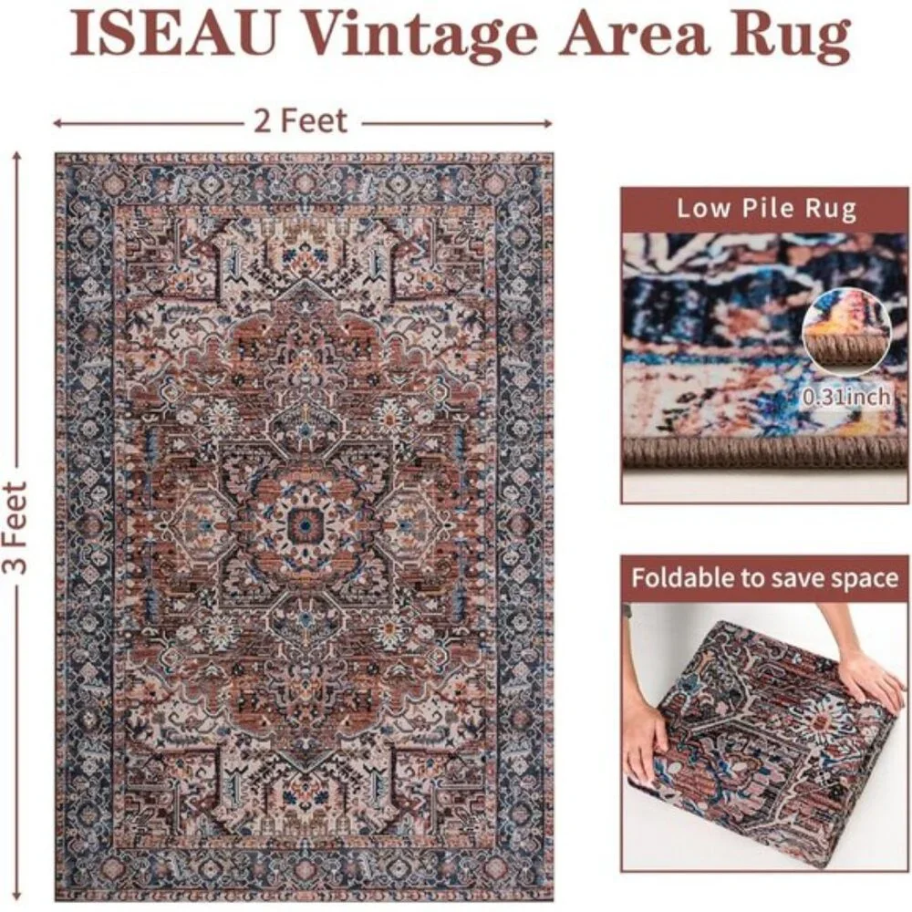 New 2x3 Vintage Entryway Rug, Machine Washable Non Slip Low Pile Area Mat